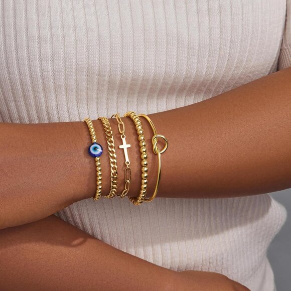 Gold-Style 06 Dainty Stack Beaded, Cross,Snake Bracelets Jewelry Gifts for Women - Picture 3 of 9